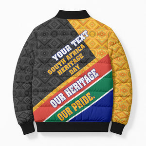 Personalized South Africa Heritage Day Bomber Puffer Jacket One Nation Many Stories Geometric Flag Pattern