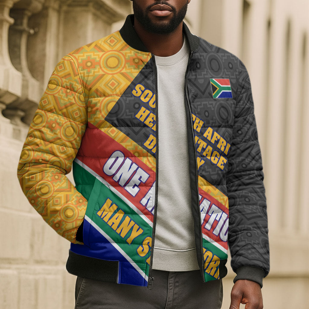 Personalized South Africa Heritage Day Bomber Puffer Jacket One Nation Many Stories Geometric Flag Pattern