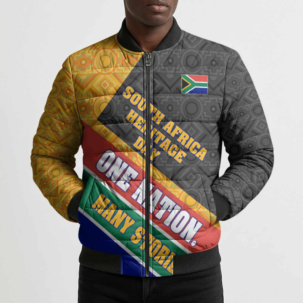 Personalized South Africa Heritage Day Bomber Puffer Jacket One Nation Many Stories Geometric Flag Pattern