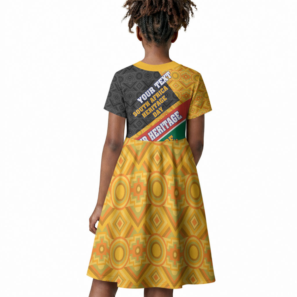 Personalized South Africa Heritage Day Kid Short Sleeve Dress One Nation Many Stories Geometric Flag Pattern