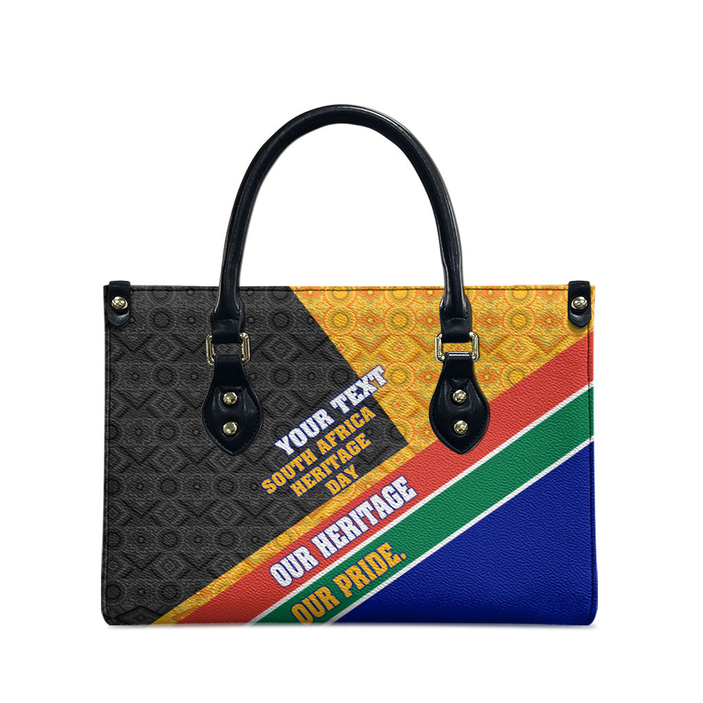 Personalized South Africa Heritage Day Leather Bag One Nation Many Stories Geometric Flag Pattern
