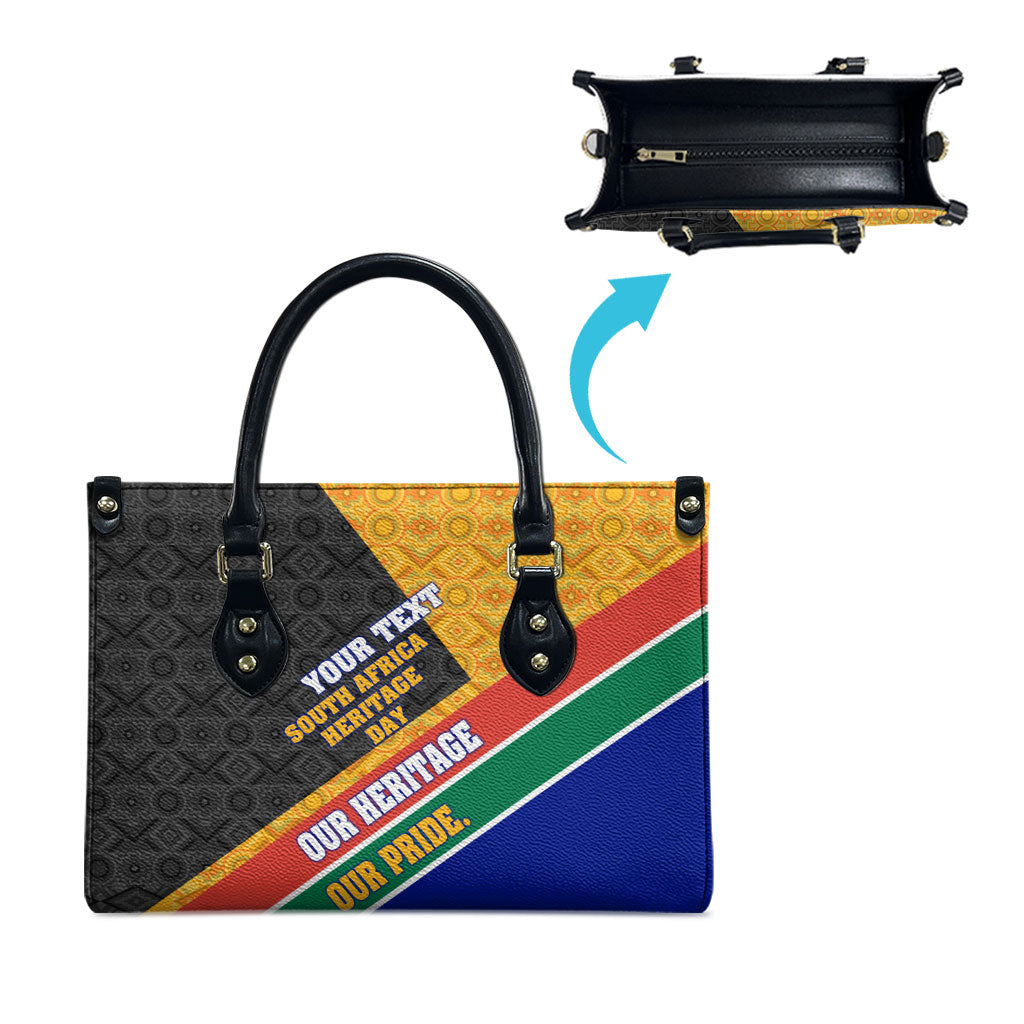 Personalized South Africa Heritage Day Leather Bag One Nation Many Stories Geometric Flag Pattern