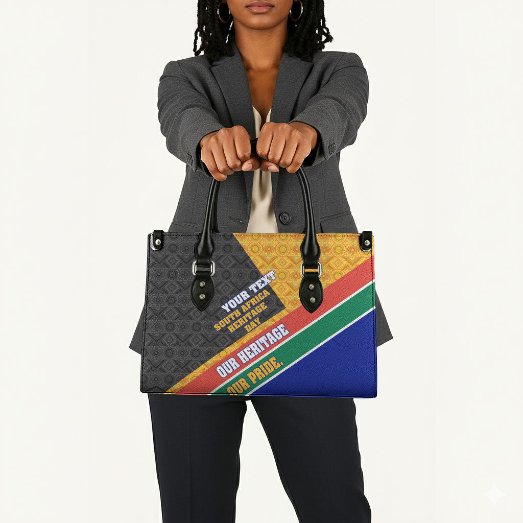 Personalized South Africa Heritage Day Leather Bag One Nation Many Stories Geometric Flag Pattern