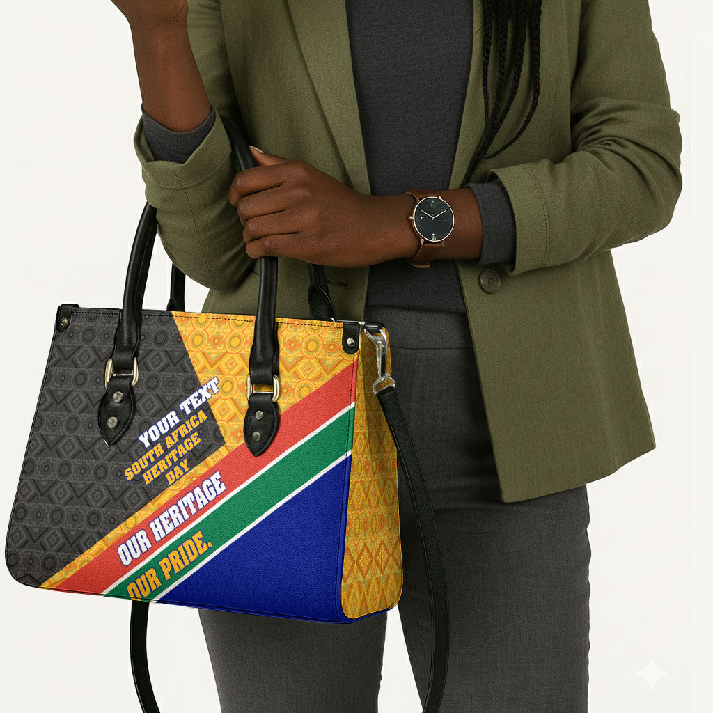 Personalized South Africa Heritage Day Leather Bag One Nation Many Stories Geometric Flag Pattern