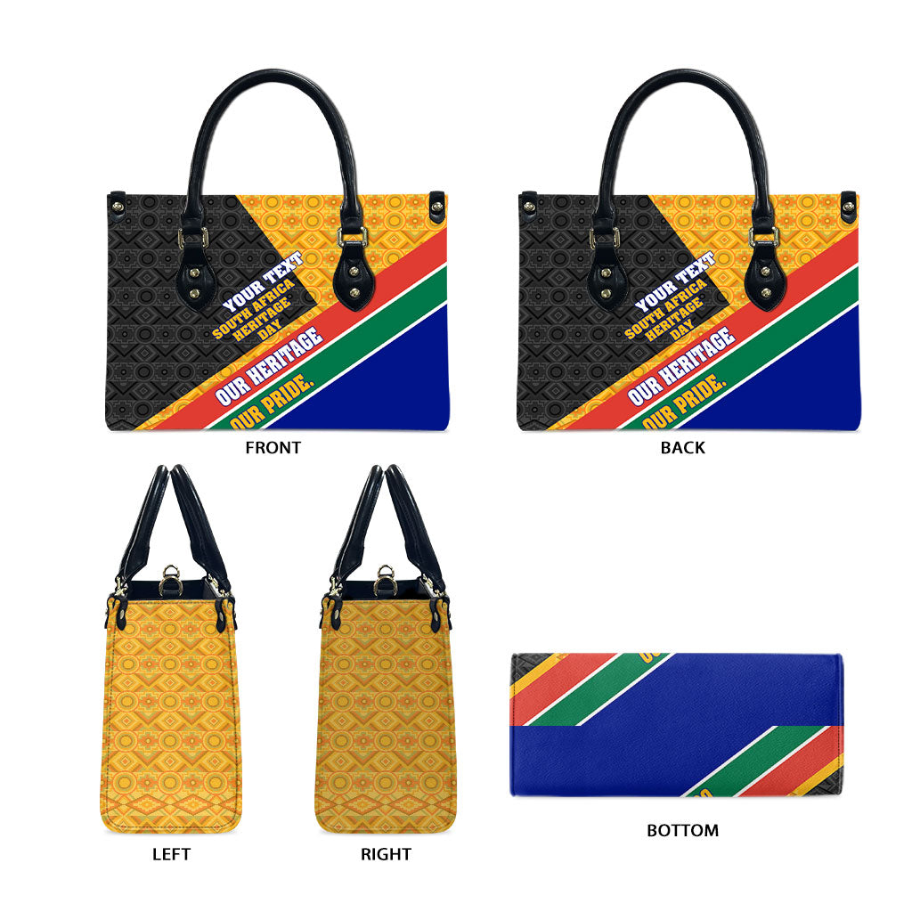 Personalized South Africa Heritage Day Leather Bag One Nation Many Stories Geometric Flag Pattern