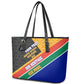 Personalized South Africa Heritage Day Leather Tote Bag One Nation Many Stories Geometric Flag Pattern