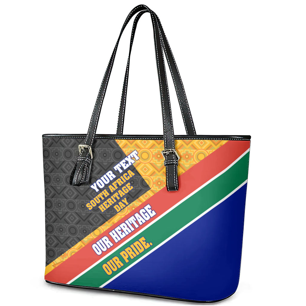 Personalized South Africa Heritage Day Leather Tote Bag One Nation Many Stories Geometric Flag Pattern
