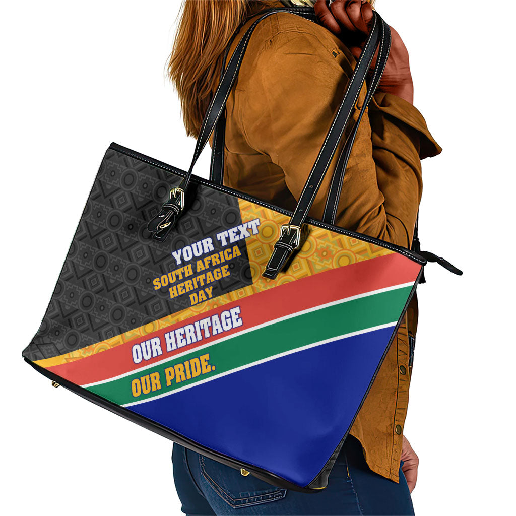 Personalized South Africa Heritage Day Leather Tote Bag One Nation Many Stories Geometric Flag Pattern