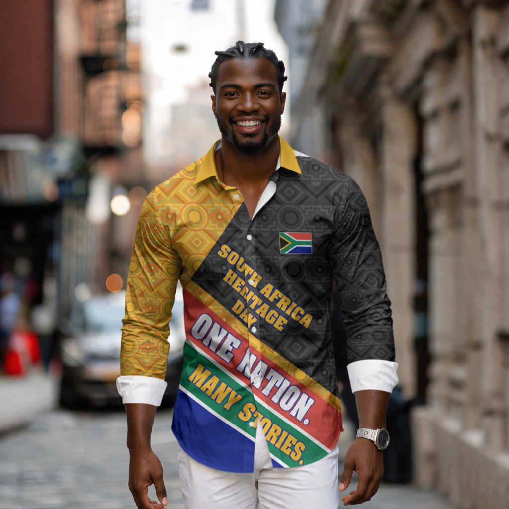 Personalized South Africa Heritage Day Long Sleeve Button Shirt One Nation Many Stories Geometric Flag Pattern