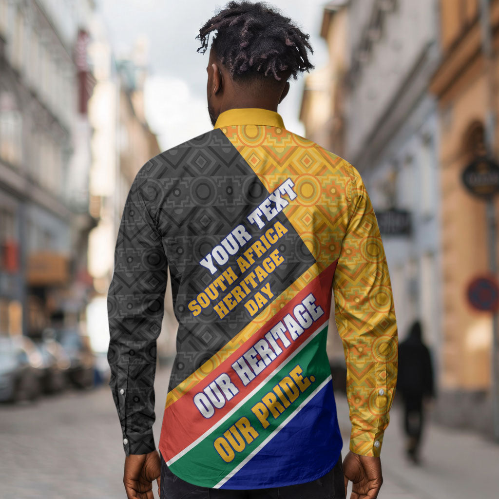 Personalized South Africa Heritage Day Long Sleeve Button Shirt One Nation Many Stories Geometric Flag Pattern