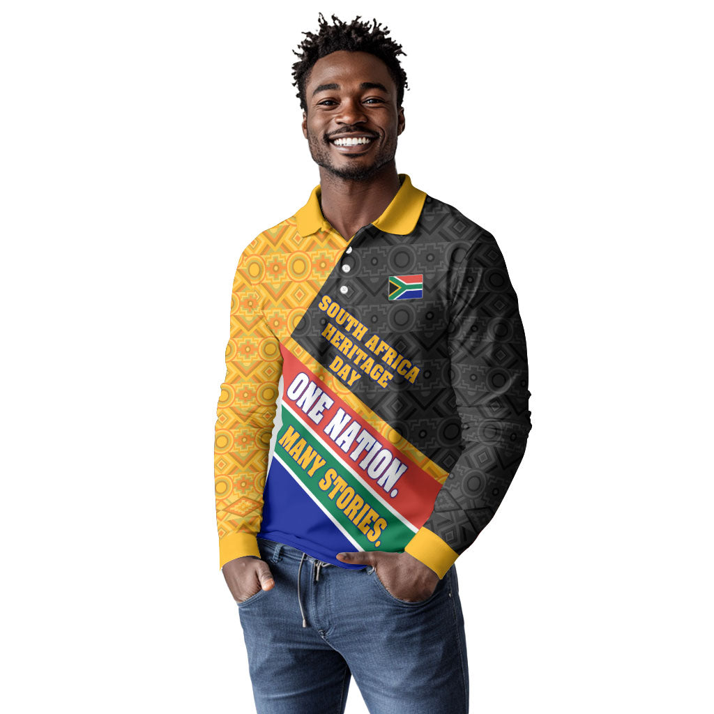 Personalized South Africa Heritage Day Long Sleeve Polo Shirt One Nation Many Stories Geometric Flag Pattern
