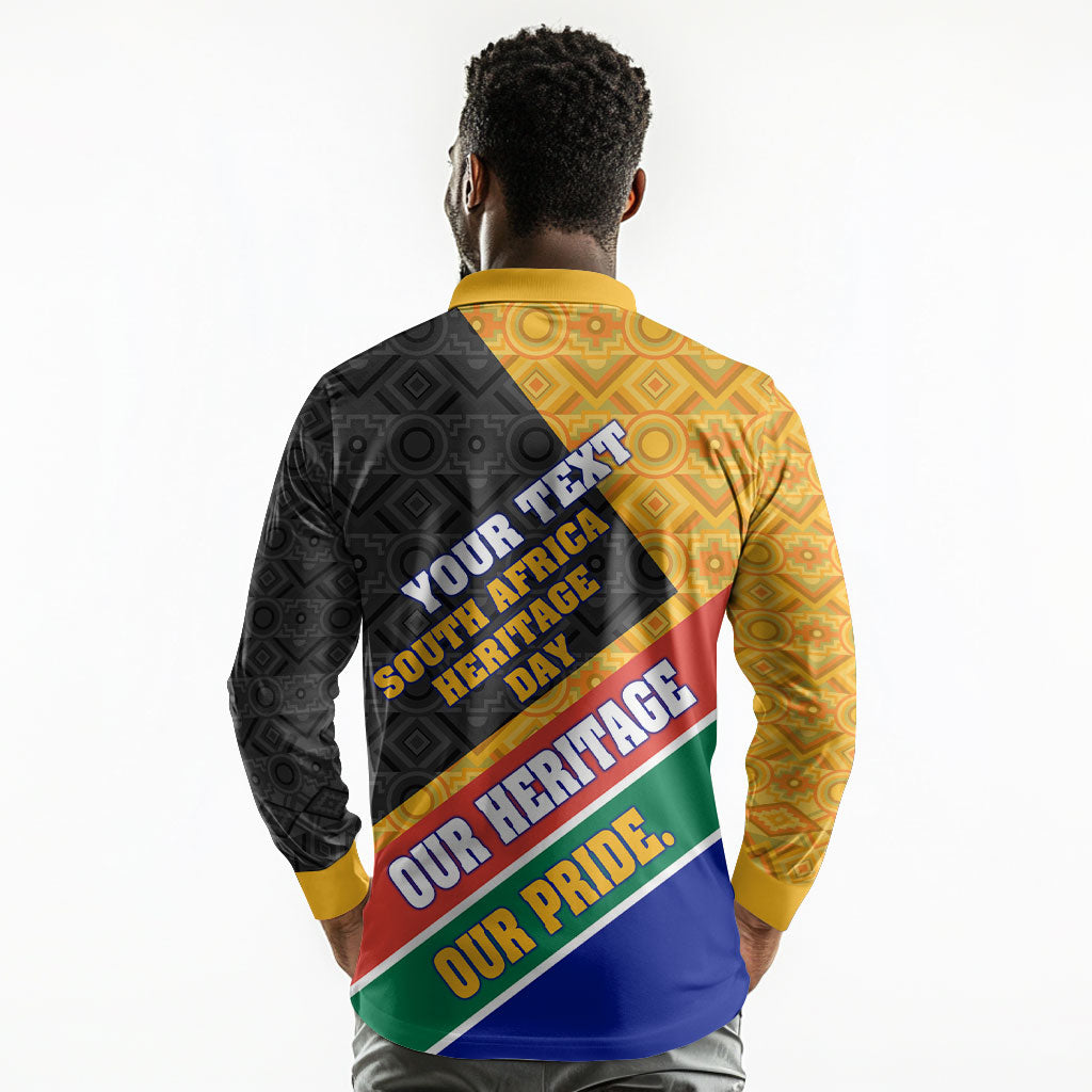 Personalized South Africa Heritage Day Long Sleeve Polo Shirt One Nation Many Stories Geometric Flag Pattern