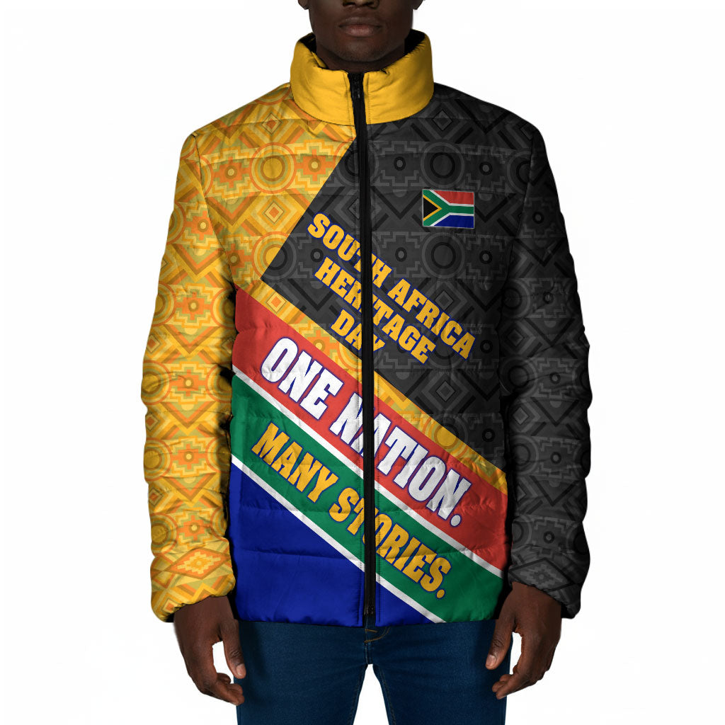 Personalized South Africa Heritage Day Padded Jacket One Nation Many Stories Geometric Flag Pattern