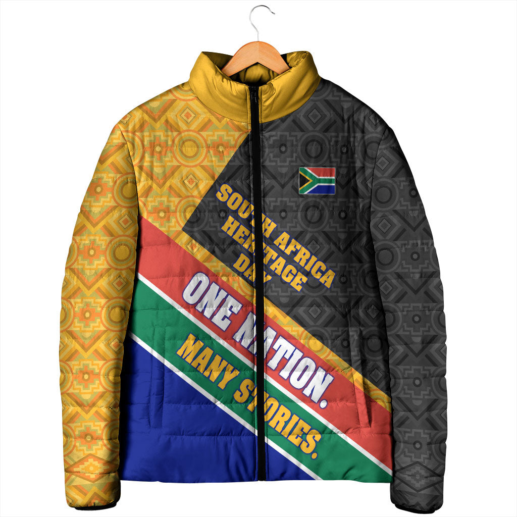 Personalized South Africa Heritage Day Padded Jacket One Nation Many Stories Geometric Flag Pattern
