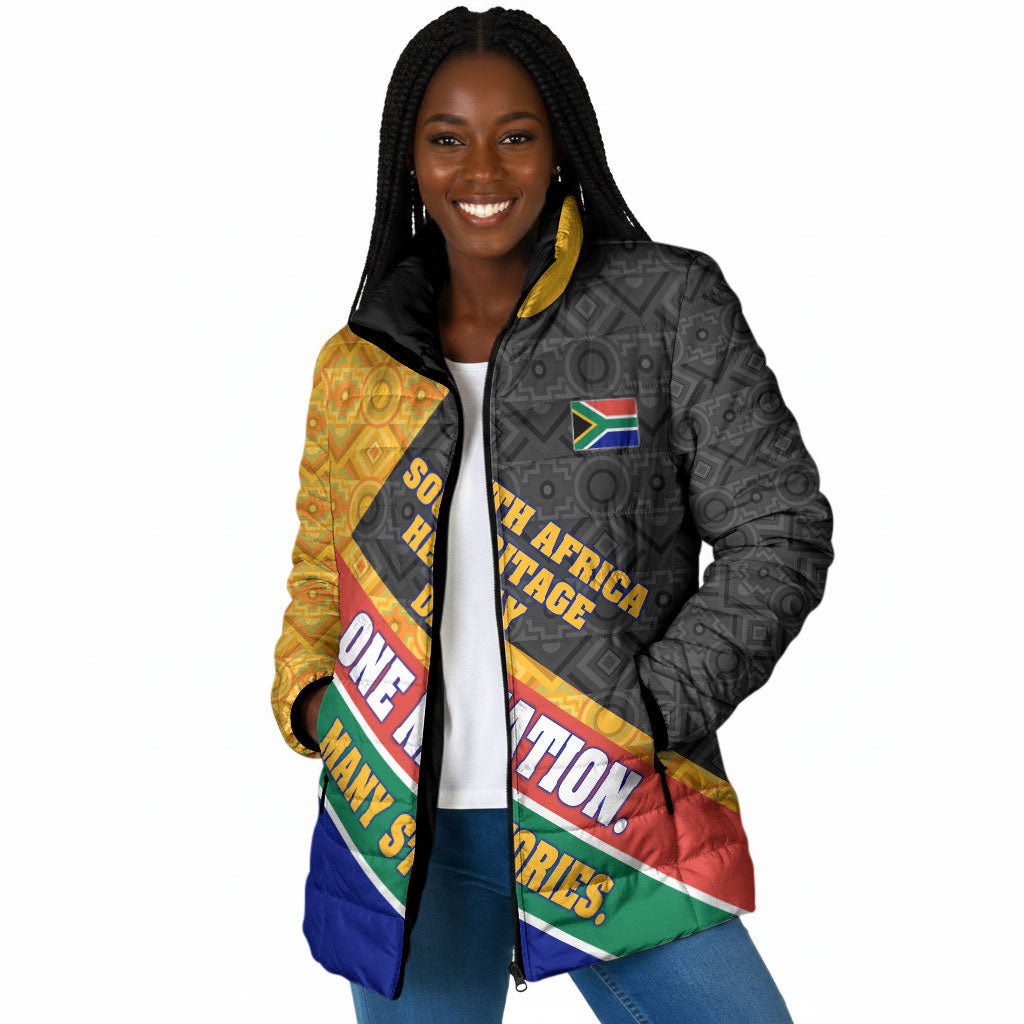 Personalized South Africa Heritage Day Padded Jacket One Nation Many Stories Geometric Flag Pattern