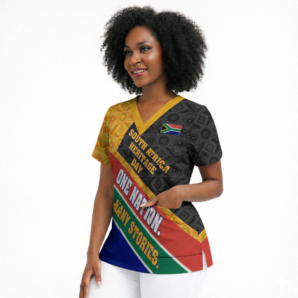 Personalized South Africa Heritage Day Scrub Top One Nation Many Stories Geometric Flag Pattern