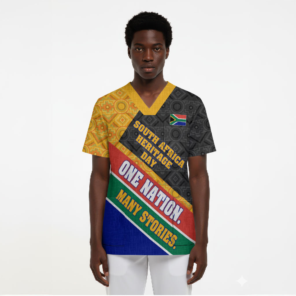 Personalized South Africa Heritage Day Scrub Top One Nation Many Stories Geometric Flag Pattern