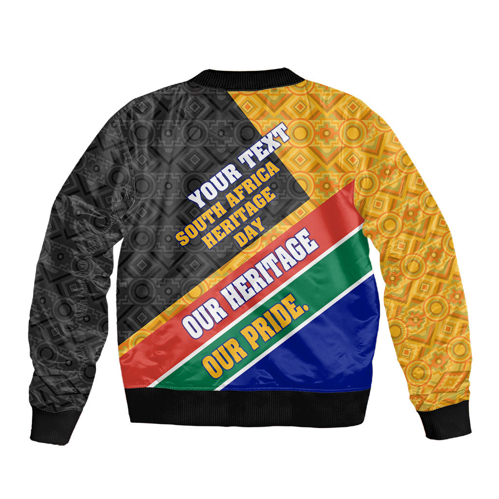 Personalized South Africa Heritage Day Sleeve Zip Bomber Jacket One Nation Many Stories Geometric Flag Pattern