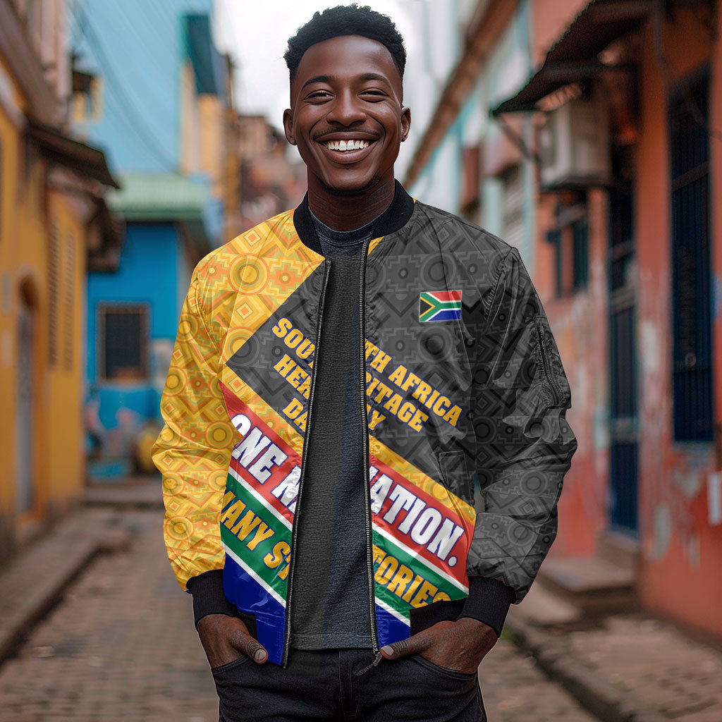 Personalized South Africa Heritage Day Sleeve Zip Bomber Jacket One Nation Many Stories Geometric Flag Pattern