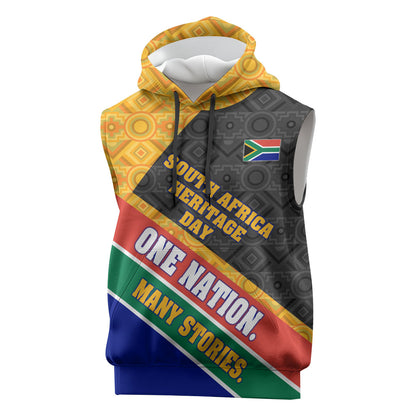 Personalized South Africa Heritage Day Sleeveless Hoodie One Nation Many Stories Geometric Flag Pattern
