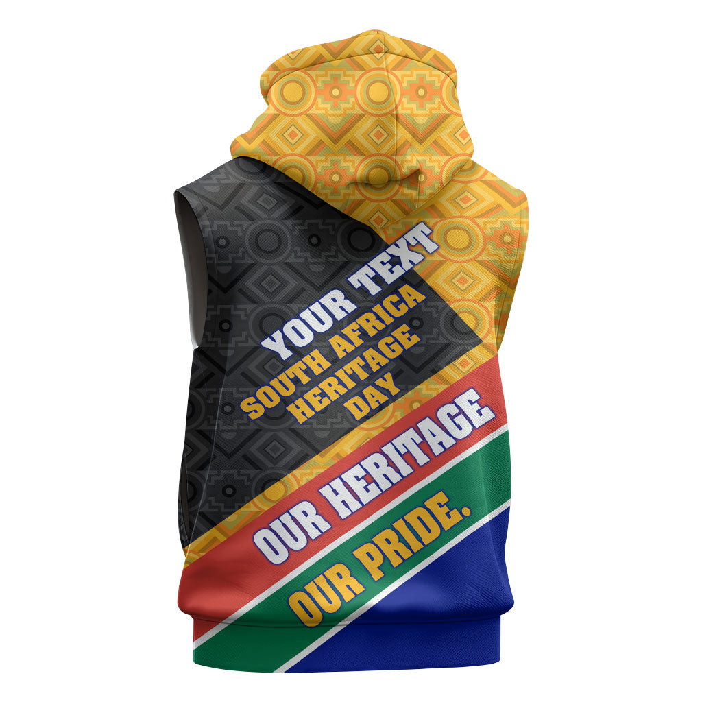 Personalized South Africa Heritage Day Sleeveless Hoodie One Nation Many Stories Geometric Flag Pattern