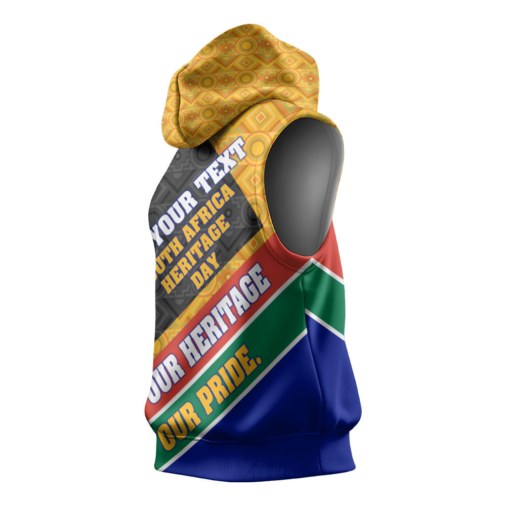 Personalized South Africa Heritage Day Sleeveless Hoodie One Nation Many Stories Geometric Flag Pattern