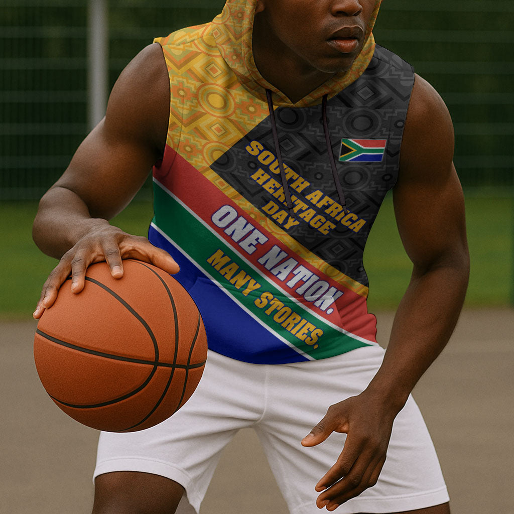Personalized South Africa Heritage Day Sleeveless Hoodie One Nation Many Stories Geometric Flag Pattern