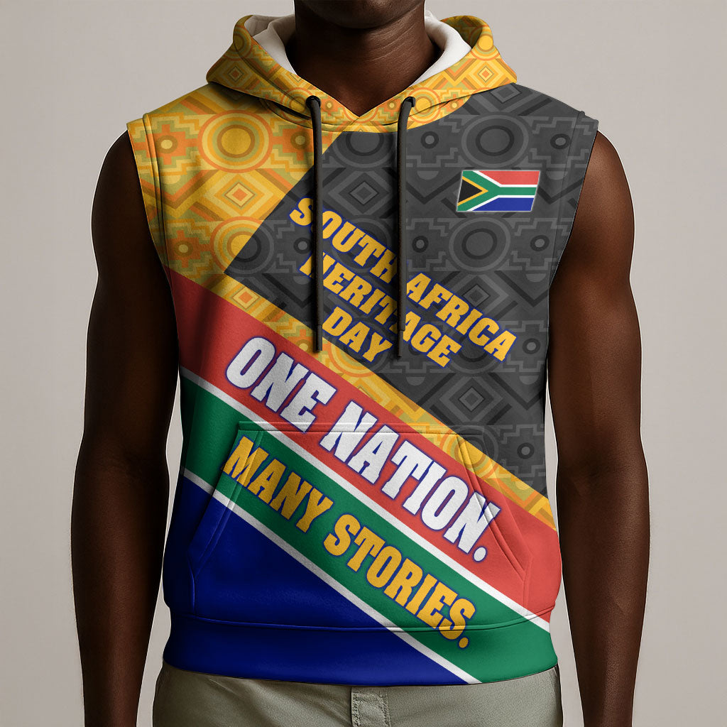 Personalized South Africa Heritage Day Sleeveless Hoodie One Nation Many Stories Geometric Flag Pattern