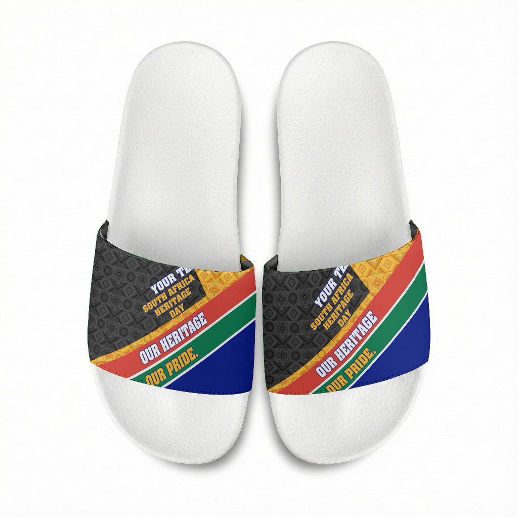 Personalized South Africa Heritage Day Slide Sandals One Nation Many Stories Geometric Flag Pattern