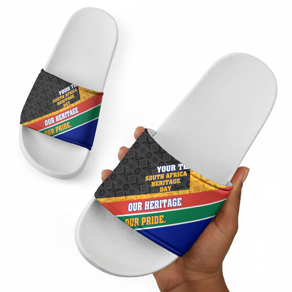 Personalized South Africa Heritage Day Slide Sandals One Nation Many Stories Geometric Flag Pattern