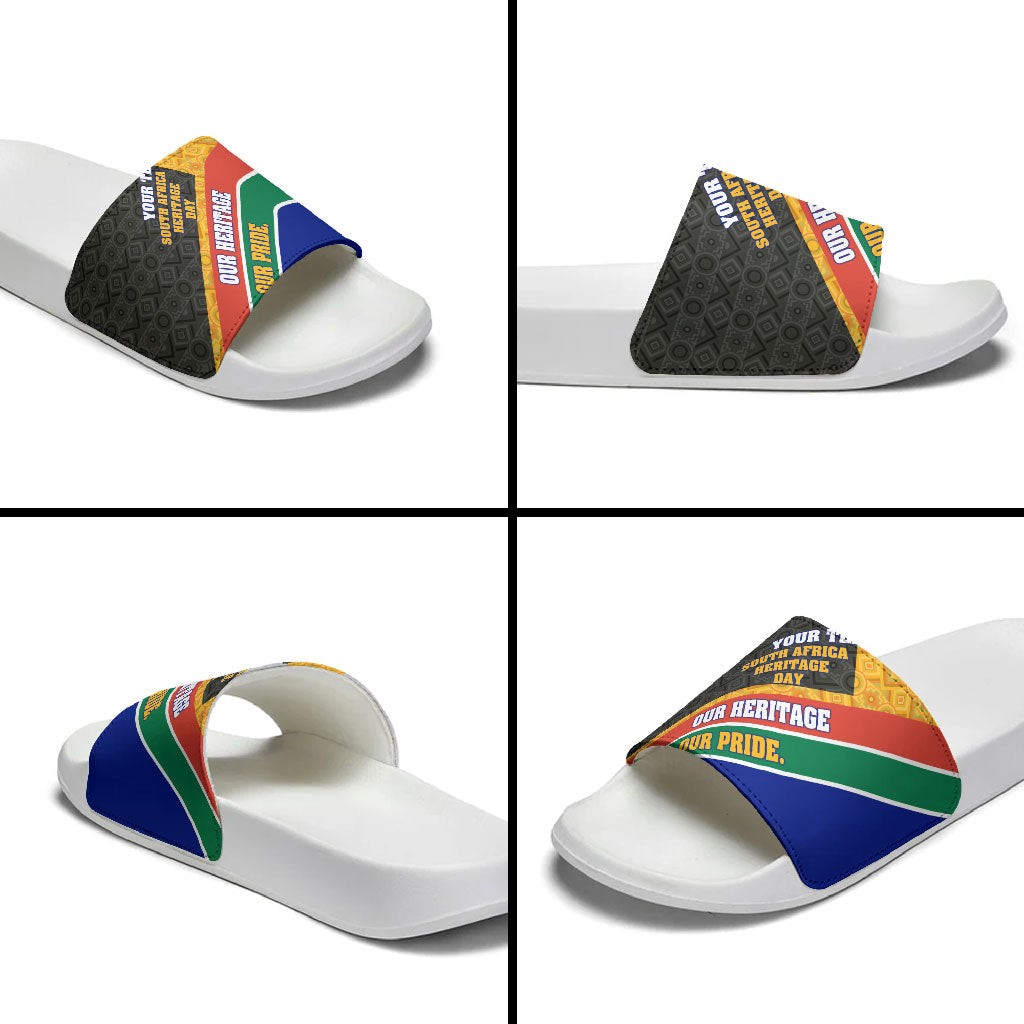 Personalized South Africa Heritage Day Slide Sandals One Nation Many Stories Geometric Flag Pattern