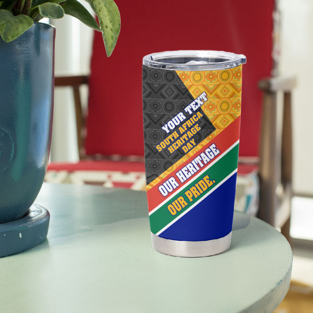Personalized South Africa Heritage Day Tumbler Cup One Nation Many Stories Geometric Flag Pattern