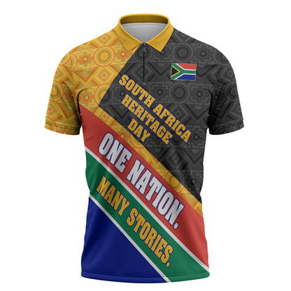 Personalized South Africa Heritage Day Zipper Polo Shirt One Nation Many Stories Geometric Flag Pattern