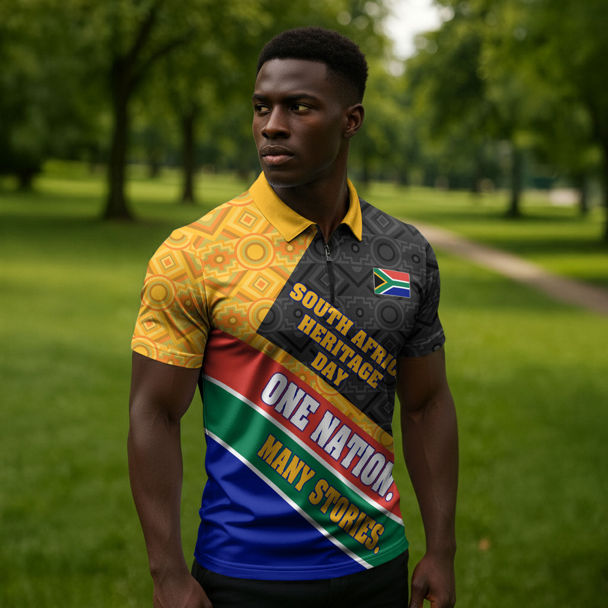 Personalized South Africa Heritage Day Zipper Polo Shirt One Nation Many Stories Geometric Flag Pattern