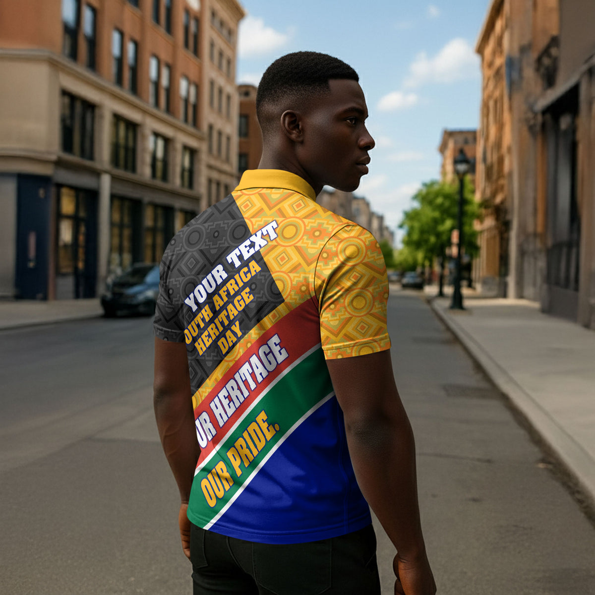 Personalized South Africa Heritage Day Zipper Polo Shirt One Nation Many Stories Geometric Flag Pattern