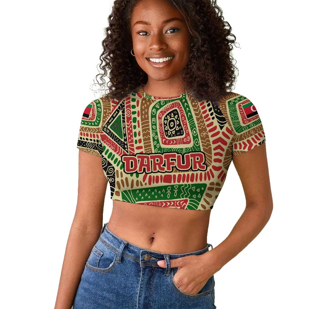 Darfur Sudan Raglan Cropped T shirt Red Green Beige Tribal Pattern - African Pride