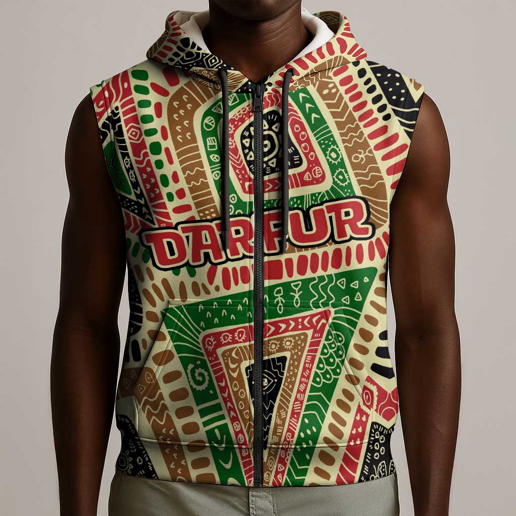 Darfur Sudan Sleeveless Zip Hoodie Red Green Beige Tribal Pattern - African Pride