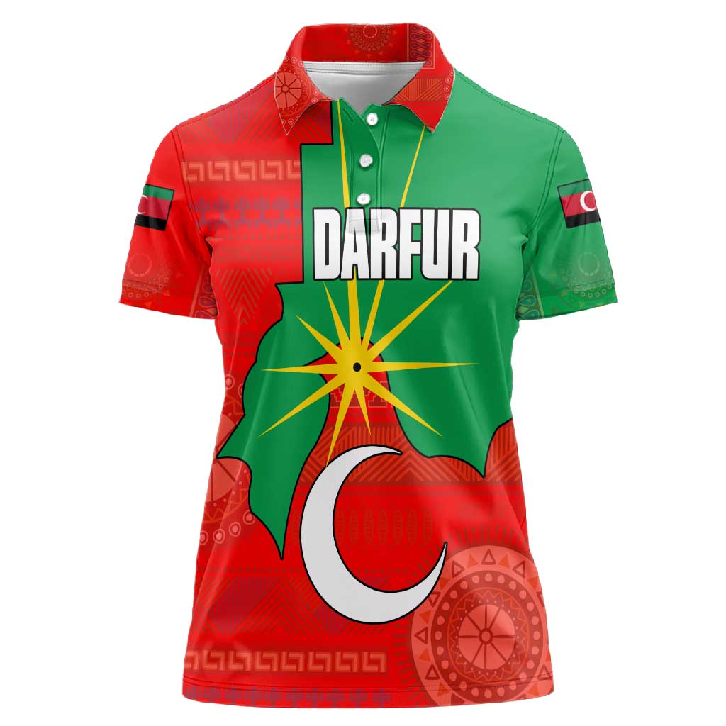 Darfur Sudan Women Polo Shirt Red Green Yellow Crescent Star - African Pride