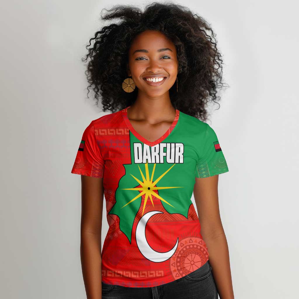 Darfur Sudan Women V-Neck T-Shirt Red Green Yellow Crescent Star - African Pride