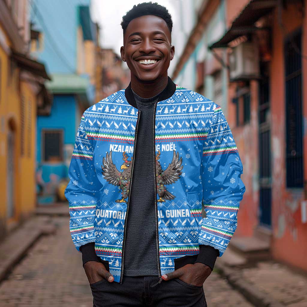 Equatorial Guinea Christmas Bomber Jacket Nzalang Noel Eagle Flag Snowflakes - African Pride