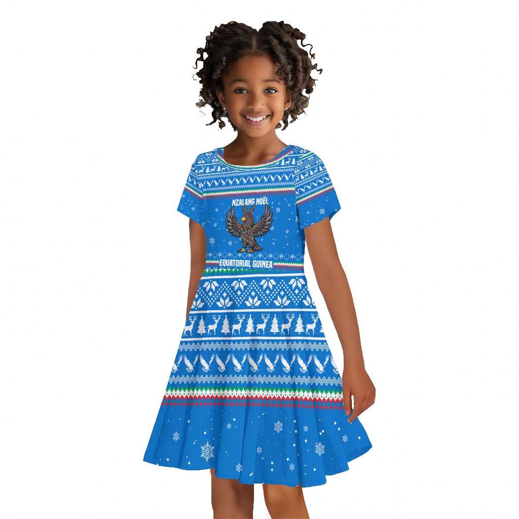 Equatorial Guinea Christmas Kid Short Sleeve Dress Nzalang Noel Eagle Flag Snowflakes - African Pride