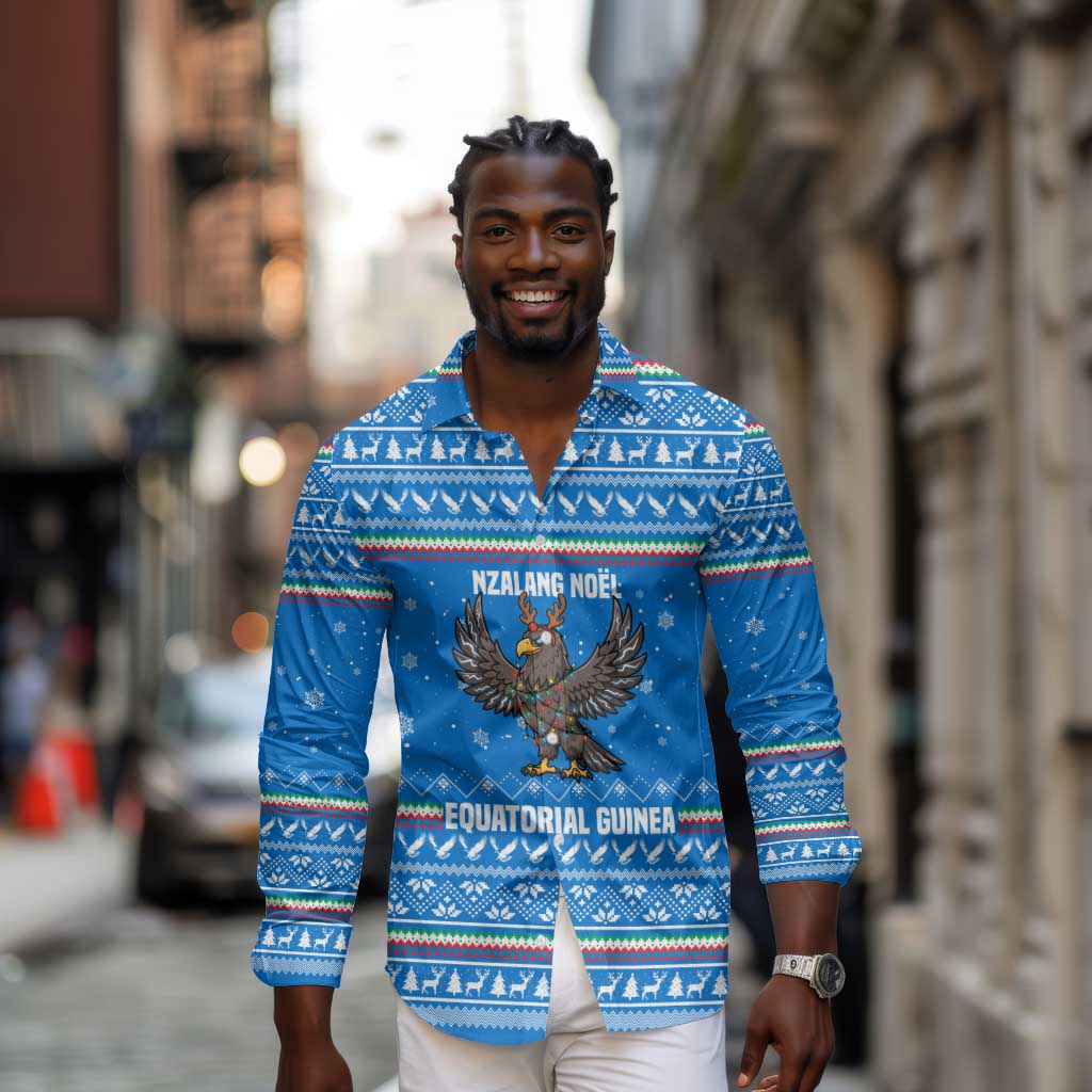 Equatorial Guinea Christmas Long Sleeve Button Shirt Nzalang Noel Eagle Flag Snowflakes - African Pride