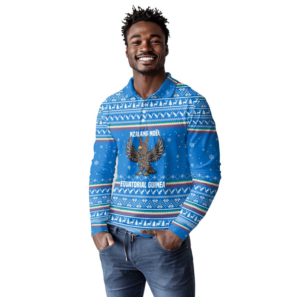 Equatorial Guinea Christmas Long Sleeve Polo Shirt Nzalang Noel Eagle Flag Snowflakes - African Pride