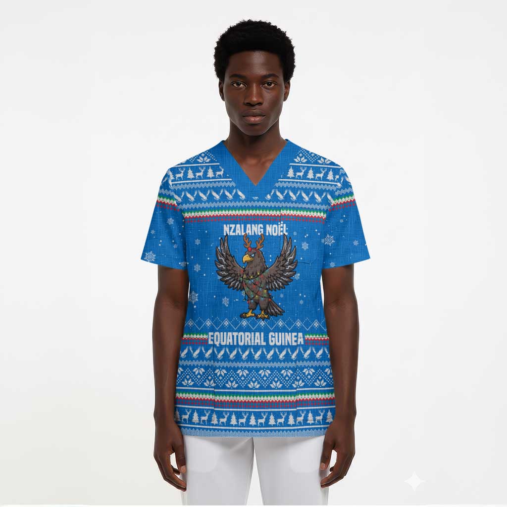 Equatorial Guinea Christmas Scrub Top Nzalang Noel Eagle Flag Snowflakes - African Pride