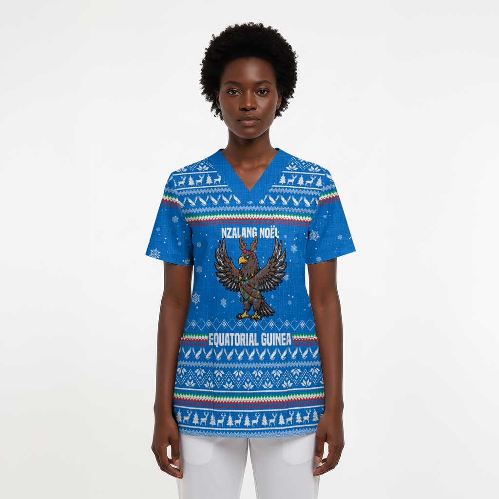 Equatorial Guinea Christmas Scrub Top Nzalang Noel Eagle Flag Snowflakes - African Pride