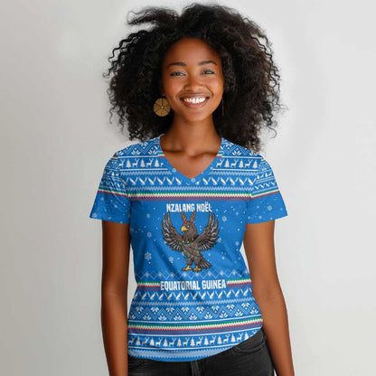 Equatorial Guinea Christmas Women V-Neck T-Shirt Nzalang Noel Eagle Flag Snowflakes - African Pride