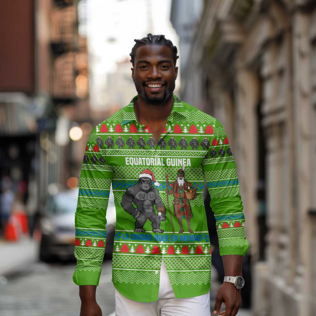 Equatorial Guinea Christmas Long Sleeve Button Shirt Santa Gorilla Gift Basket - African Pride