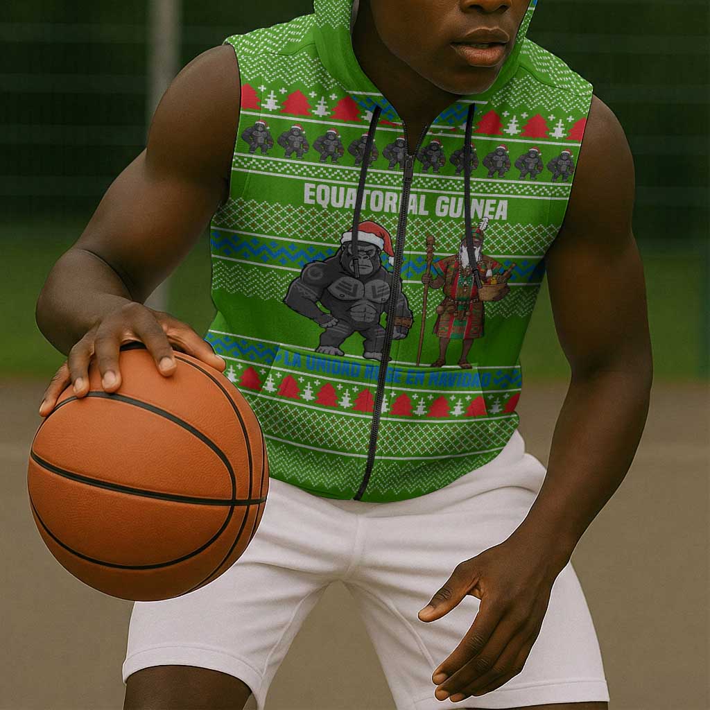 Equatorial Guinea Christmas Sleeveless Zip Hoodie Santa Gorilla Gift Basket - African Pride
