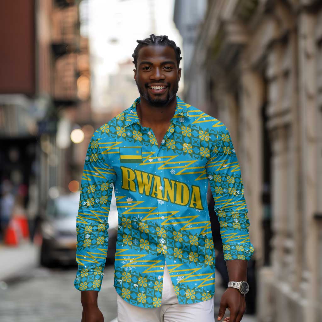 Rwanda Christmas Long Sleeve Button Shirt Festive Geometric Motifs and Bold Typography - African Pride