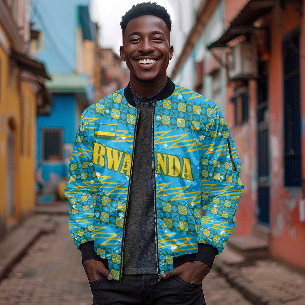 Rwanda Christmas Sleeve Zip Bomber Jacket Festive Geometric Motifs and Bold Typography - African Pride
